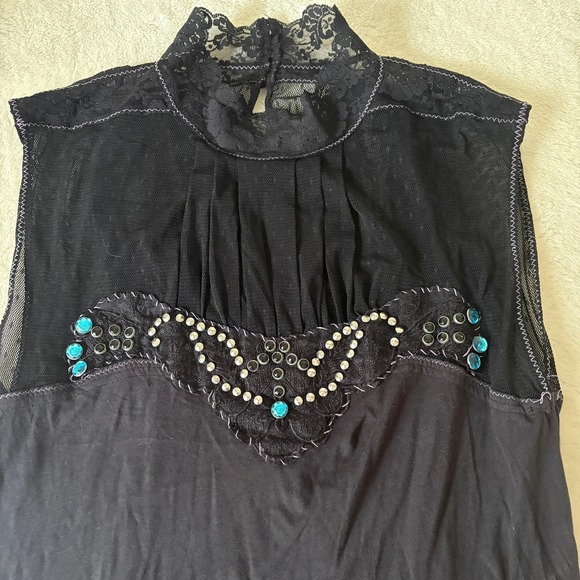 Free People‎ Rhinestone Cowboy Lace Embellished Top Western Wear Women's L Black - Picture 2 of 9